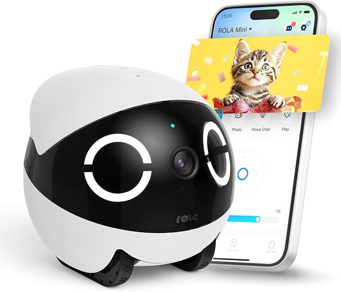 Enabot EBO 2K Camera Robot ROLA Mini: Movable Pet Camera Battery-Powered with Phone App, Indoor Cam w/One-Touch Call, 2-Way Talk, Night Vision, Motion Detection, Video Recording