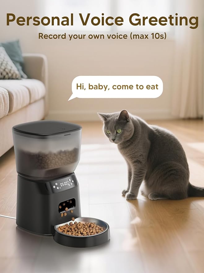 Automatic Cat Feeder and Water Fountain, 4L/16 Cups Timed Cat Dry Food Dispenser, 10s Meal Call, 20 Portions 6 Meals Per Day, 2L Cats Fountains for Drinking with Filter, Pet Feeder for Dog Black