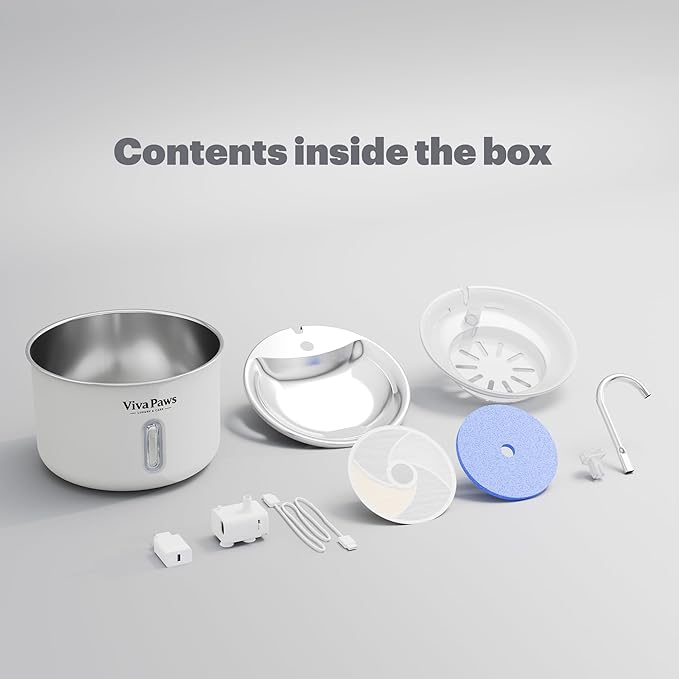 Viva Paws Cat Water Fountain Stainless Steel – Ultra-Quiet Automatic Drinking Fountain for Cats, 2.2L Indoor Pet Fountain with 4-Stage Filtration for Fresh & Clean Water