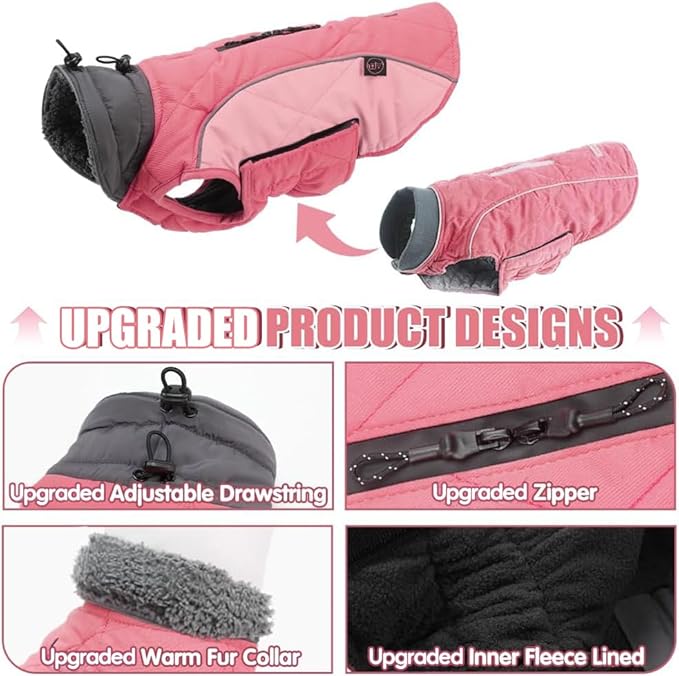 EMUST Winter Dog Coats, Fleece Dog Apparel for Cold Weather, British Style Windproof Warm, Mix-Pink, XS
