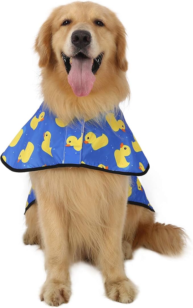 HDE Dog Raincoat Jacket Reflective Adjustable Hooded Pet Poncho Rain Coat with Leash Hole for Small to X-Large Dogs Rubber Ducks - L