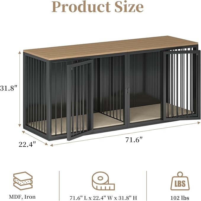 Large Dog Crate Furniture for 2 Dogs, 71.6'' Steel Frame Dog Crate with Double Doors, Heavy Sturdy Kennel for Small Medium Large Dogs, Indoor Double Dog Cage (Black)