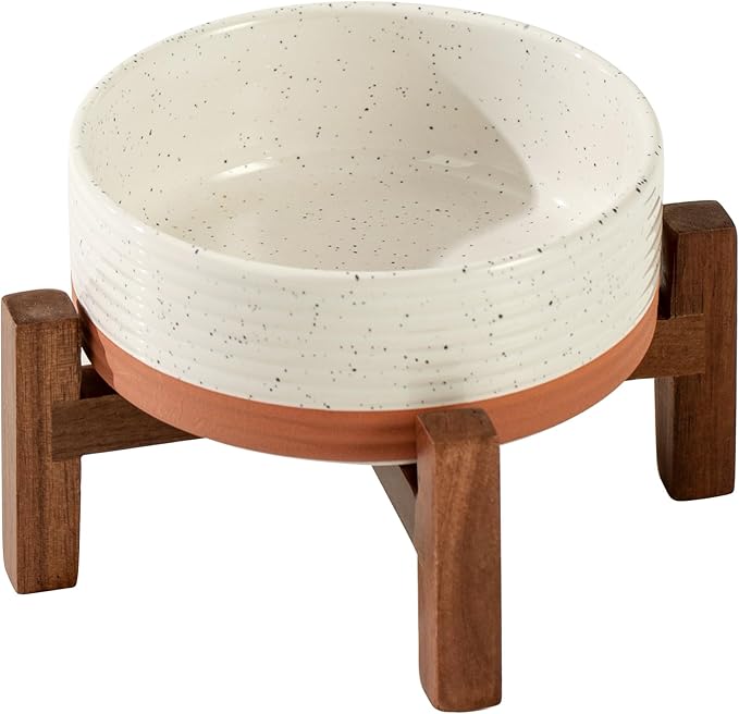 Ceramic 5.1inch Raised Dog and Cat Bowl Set, 2 Heights Elevated Wooden Stand for Puppy, Kitty, Cats, Weighted Pet Food and Water Dishes(5.1'',13.5oz, Vanilla White)