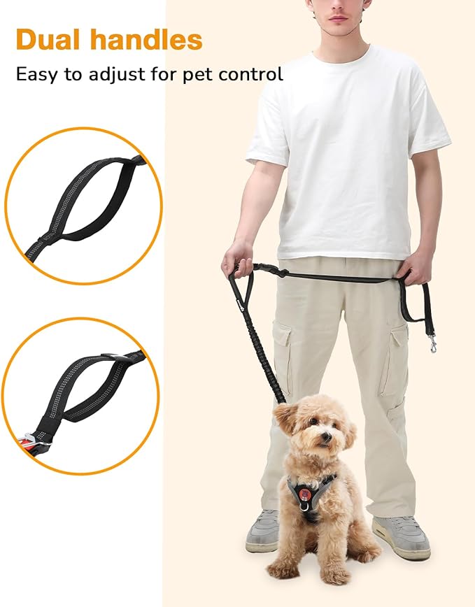 Pecute Dog Leash Hands Free with Pouch, Waist Belt Fanny Pack with Soft Pads, Dual Handles and Durable Bungee for Walking, Dog Seat Belt, Hiking, Running, Training, Orange(Up to 180lbs)
