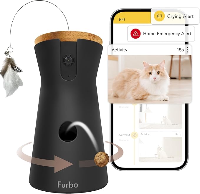 Furbo 360° Cat Camera - Unlock Camera & Smart Features w/Paid Plan: Home Security & Pet Safety Alerts, Rotating Treat Dispenser w/Speaker, Smart Cam w/Phone App (Subscription Required, 3mo Minimum)