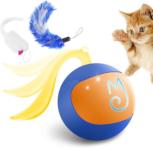Migipaws Interactive Cat Ball Toy Set, Fun Tracker, Automatic Rolling Chase Ball with Fluffy Tail, A Small Mice, Rechargeable (Blue)