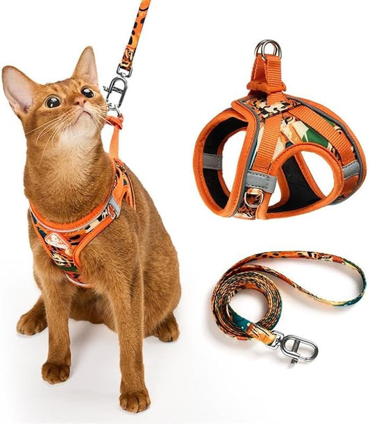 Cat Harness and Leash Set, Step-in Escape Proof Adjustable Vest Harness for Small Medium Large Cats, Lightweight Soft Breathable Reflective Kitten Harness, Easy to Wear for Walking Travel, Camping, S