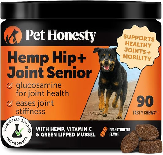 Senior Hemp Hip & Joint Support, Hemp for Dogs, Mobility Support for Senior Dogs, Glucosamine, Collagen, MSM, Green Lipped Mussel, Helps Discomfort (Peanut Butter, 90)
