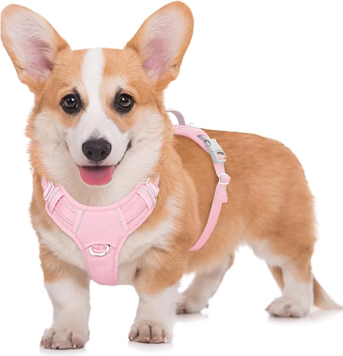 BARKBAY No Pull Dog Harness Large Reflective Dog Harness with Front Clip and Easy Control Handle for Walking Training Running with ID tag Pocket(Baby Pink,M)