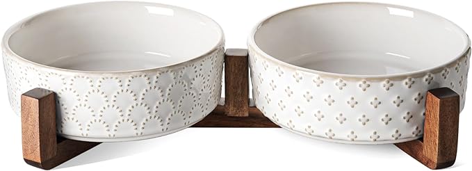 LE TAUCI Dog Bowl Set with Acacia Wood Stand - 1.5-Cup Ceramic Puppy Bowls for Small Dogs, Dual Food and Water Bowls with Weighted Non-Slip Base, Clover