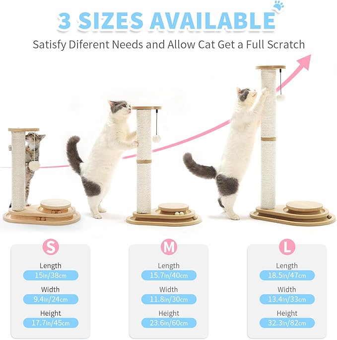 Made4Pets Cat Scratching Post Cat Scratcher Kitten Toys for Indoor Cats Wooden Ball Track Two-Layer Modern Sisal 23.4" Tall Scratch Post Interactive Toy with Dangling Ball Middle Size