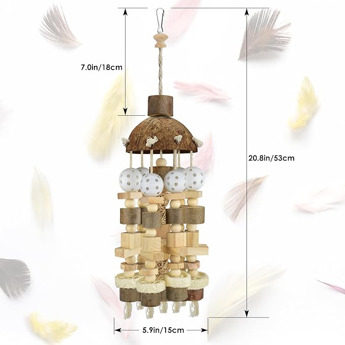 KATUMO Bird Toys, 2PCS Large Wooden Blocks & Coconut Shell Chew Toys for African Grey Cockatoo Amazon Parrots and Medium to Large Birds