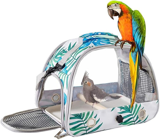 Small Bird Carrier Cage with Standing Perch & Tray Portable & Breathable Pet Travle Transport Carry Bag with Shoulder Strap for Vet Visit & Outdoor Walking (Printed)