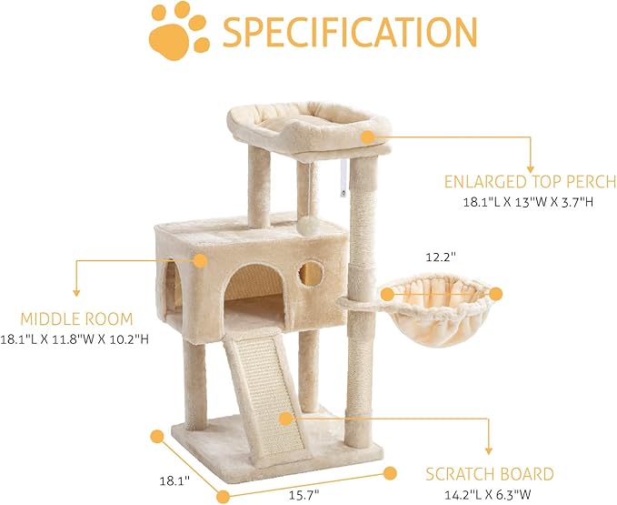 SHA CERLIN Cat Tree 36 Inches Cat Tower with Hammock, Sisal Scratching Post for Indoor Kittens, Small Room, Beige