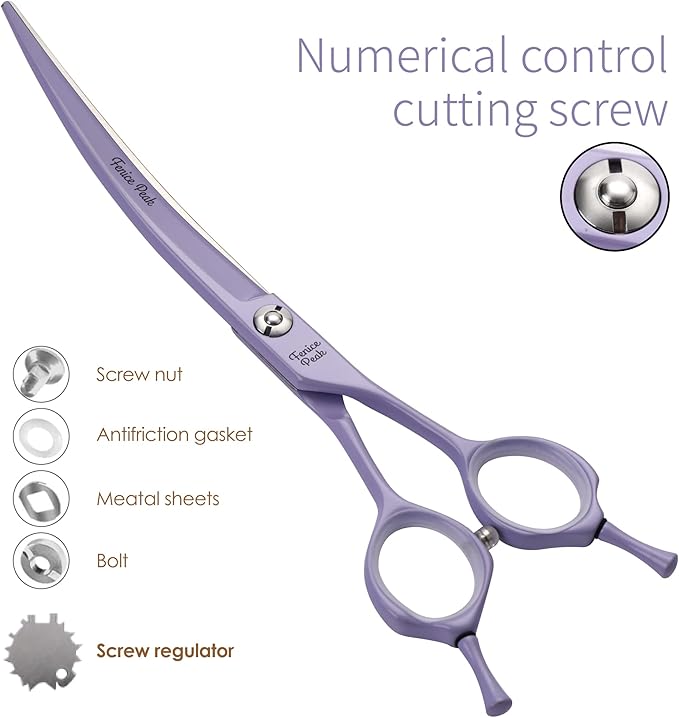 Fenice Peak Curved Dog Grooming Scissors with Violet Color Coating 440C Stainless Steel Pet Grooming Bending Shears Sharp and Durable Comfortable Engonomic Handle