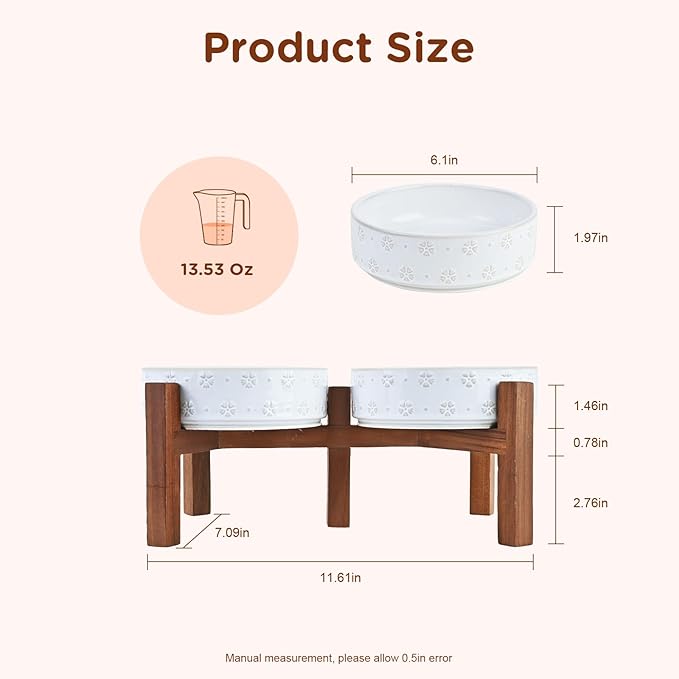 SPUNKYJUNKY Ceramic Dog Bowls Dog Bowl Set with Acacia Wood Stand Raised Dog Bowl Dog Food and Water Bowl for Small Medium Sized Dog (Shallow, 15.5cm)