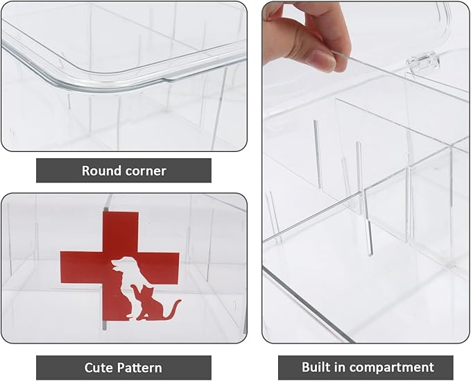 First Aid Box and Pet Frist Aid Storage Bin, Acrylic Medicine Kit Case Organizer Empty, Divided First Aid Storage Box Kit with Hinge Lid, Emergency Kit Storage Box for Family and Pet (Clear)