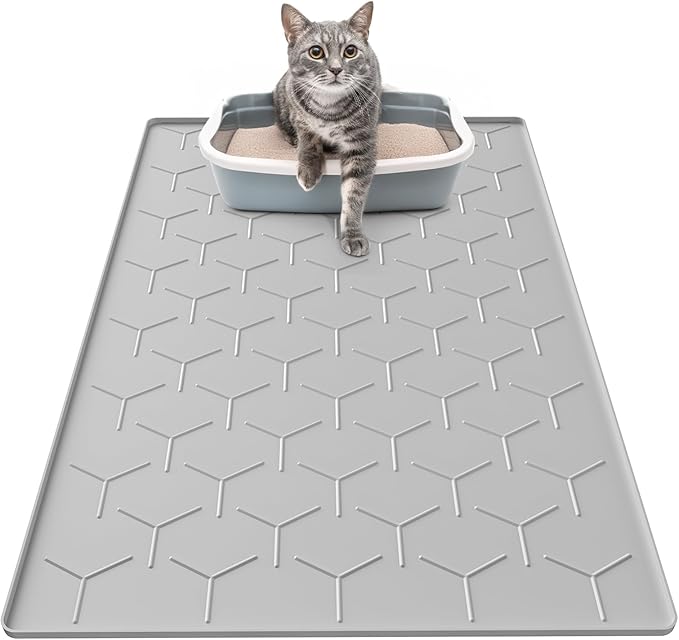 Cat Mat for Litter Box, Large 34" X 22" Cat Litter Mat, Waterproof Silicone Pad for Floor, Gray