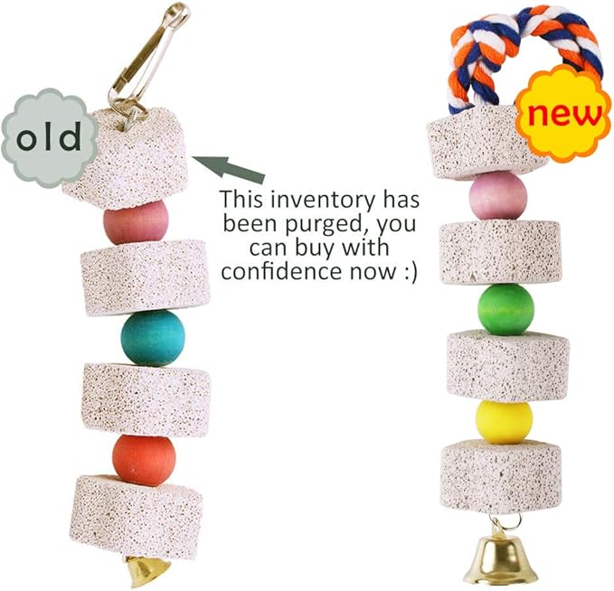 Unibene Parrot Chewing Toy, Bird Beak Grinding Stone with Bell, Lava Block Calcium Supplement Food for African Greys Amazon Conure Eclectus Budgies Parakeet Cockatiel Hamster Chinchilla Rabbit, 2 Pack