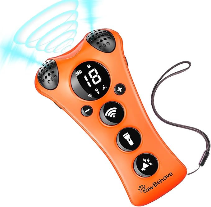 Adjustable Ultrasonic Dog Trainer – World's First Variable Frequency Pet Behavior Corrector with 10 Level Ultra Sound, 18 Dog Whistles, Anti-Bark Flashlight, Humane Dog Deterrent (Orange)