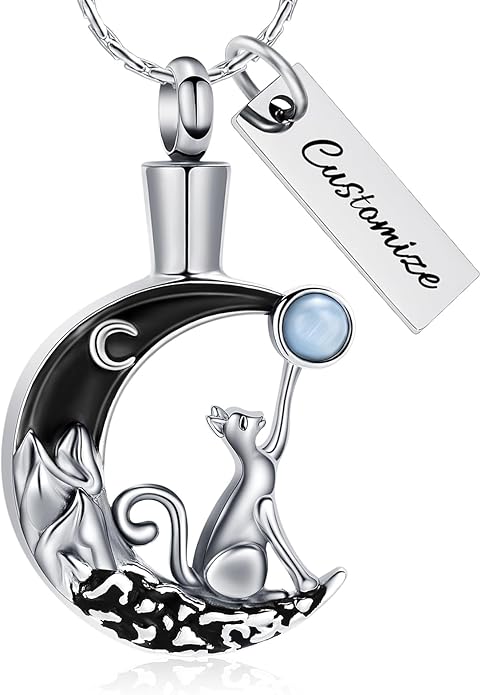 constantlife Cat Moon Urn Necklace for Women Pet Cremation Jewelry for Ashes Stainless Steel Pendant Funeral Keepsake Loved Ones Memorial Gift