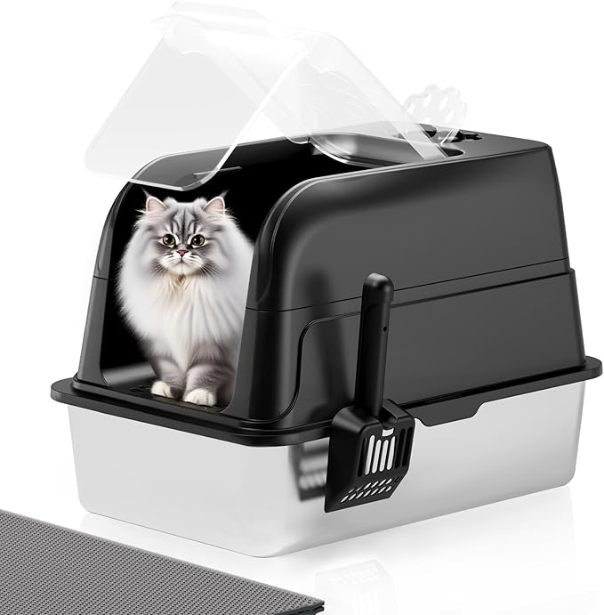 Stainless Steel Cat Litter Box Fully Enclosed, Extra Large Metal High Sided Cat Box with 120° Fully Transparent See-Through Flip Lid, Scoop & Mat - Black - XL