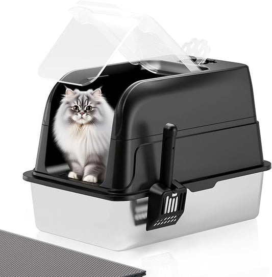 Stainless Steel Cat Litter Box Fully Enclosed, Extra Large Metal High Sided Cat Box with 120° Fully Transparent See-Through Flip Lid, Scoop & Mat - Black - XL