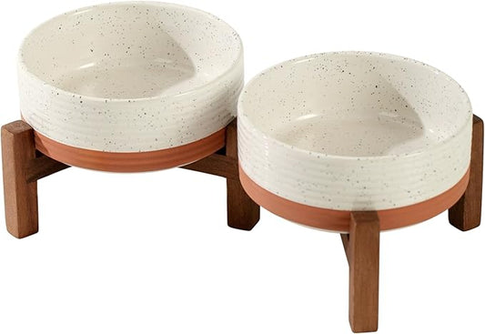 Ceramic 5.1inch Raised Double Bowls Set with Acacia Wood Stand, 2 Heights Elevated, Food & Water Bowls for Puppy, Kitty, Cats(13.5oz, Vanilla White)