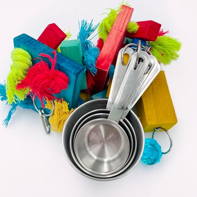 Large Bird Blocks and Knots Tearing Toys, Multicolored Natural Wooden Blocks and Cotton Knots with Stainless Steel Cup Toys for Extra Large Parrots Macaw African Grey Amazon Cockatoo Eclectus