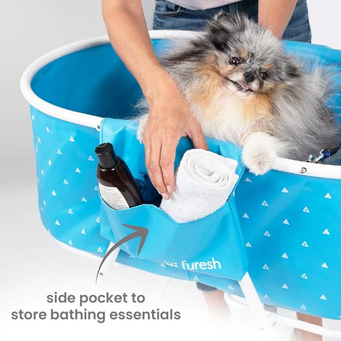 Furesh Little Dipper Dog Bath Tub and Wash Station for Bathing Shower and Grooming, Elevated Foldable and Portable, Indoor and Outdoor, for Small and Medium Size Dogs, Cats and Other Pet (Blue)