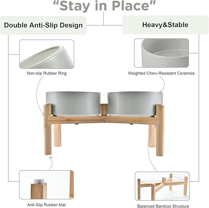 SPUNKYJUNKY Elevated Dog Bowls Ceramic, 7.3'' Dogs Food Water Bowls Raised with Non-Slip Bamboo Stand for Medium to Large Sized Breed Microwave Dishwasher Safe - 42 OZ,Grey