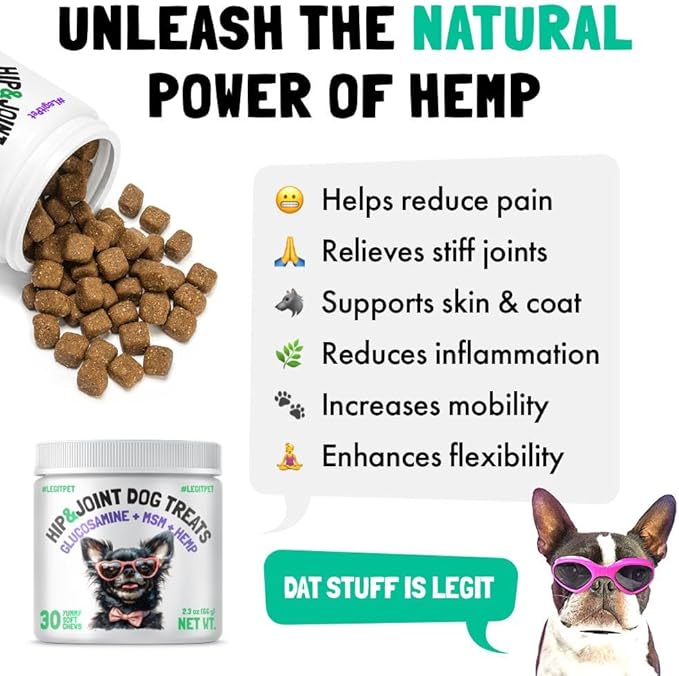 Hemp Hip & Joint Supplement for Dogs Soft Chews Made in USA Functional Glucosamine for Dogs Chondroitin MSM Turmeric Hemp Seed Oil Natural Pain Relief Mobility Advanced Joint 30 Treats