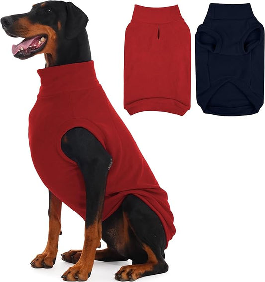 IECOii 2 Pack 4XL Dog Fleece Sweaters for Doberman Boy Girl, Warm & Stretchy Winter Coats with Leash Hole for Large Dogs, Soft Fleece Jacket for Fall Winter, Machine Washable (Size XXXXL, Blue & Red)