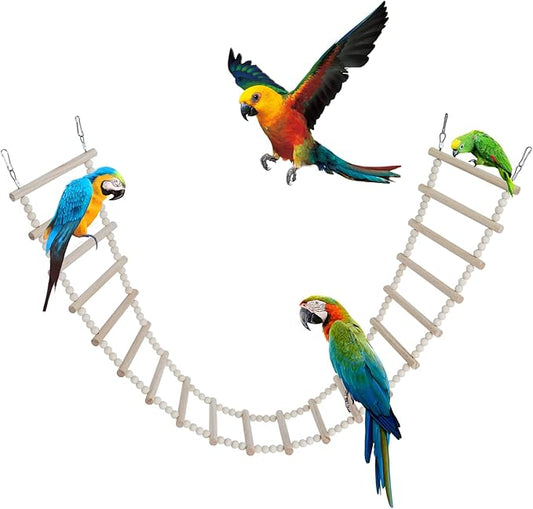 Bird Ladder Bridge, Wooden Pet Hamster Climbing & Swing Toys, Cage Accessories for Birds Rats Parrots Hamster Squirrel Sugar Gliders Parakeets Cockatiels - 20 Steps - 44.5 x 5.9 Inch