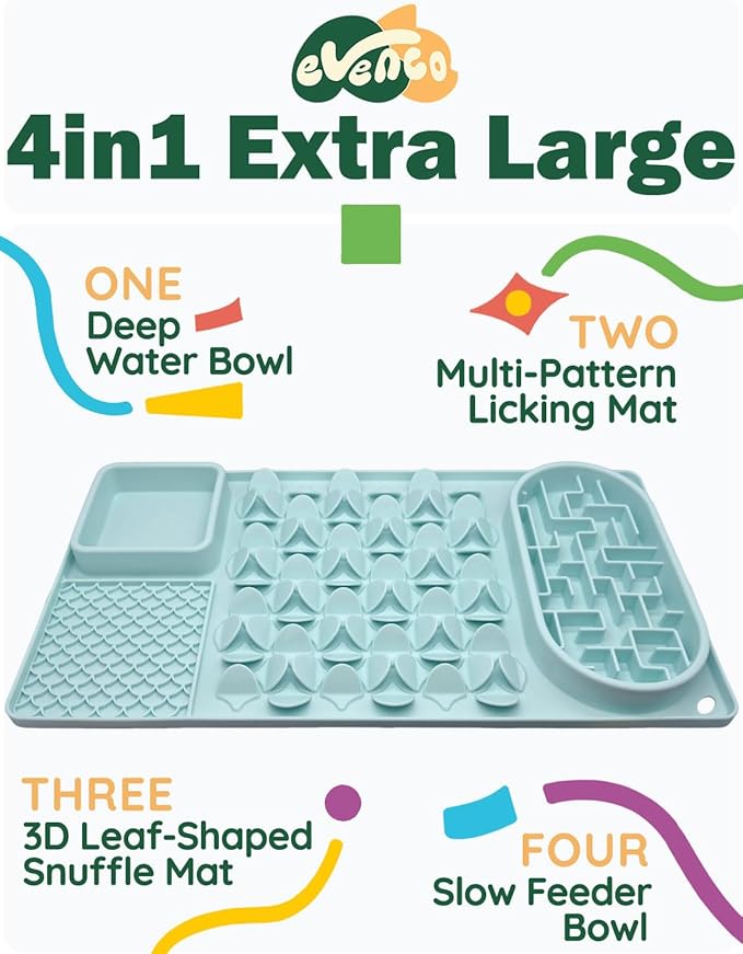 Slow Feeder Bowl for Large dog, Silicone Lick Mat & Snuffle Mat with Suction Cups - Interactive Puzzle Feeder to Slow Eating & Keep Busy, Reduce Vomiting & Relieve Boredom (21"x 11" Mint Green)