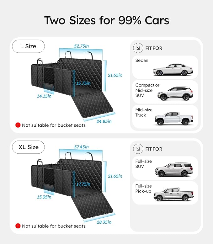 Wigoo Dog Car Seat Cover for Back Seat, 450lbs Full Hardbottom Dog Hammock, Heavy Duty Waterproof Car Bed Extender for 2-3 Medium Dogs, Backseat Protector for Sedan/Medium-Truck, Size-L, Black