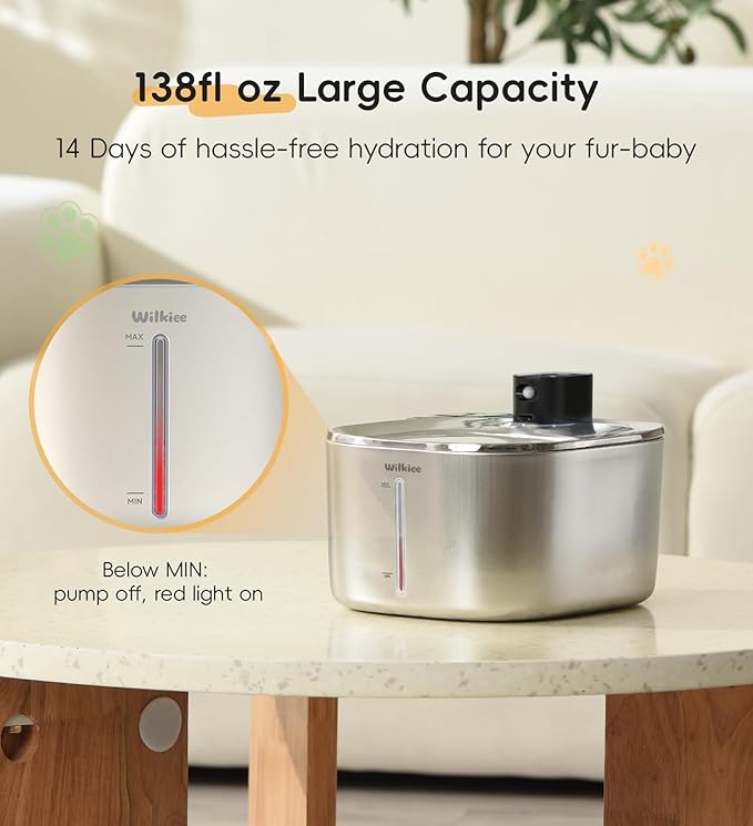 Cat Water Fountain Stainless Steel, 138fl.oz / 4.1L Wireless Cat Fountain, Pet Water Dispenser Cordless for Cats & Dogs Indoor