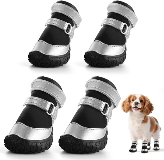 Dog Shoes for Small Dogs, Breathable Dog Boots Paw Protector for Hot Pavement Winter Snow, Dog Booties with Reflective Strips Rugged Anti-Slip Sole for Hardwood Floors Outdoor Silver Black Size 3