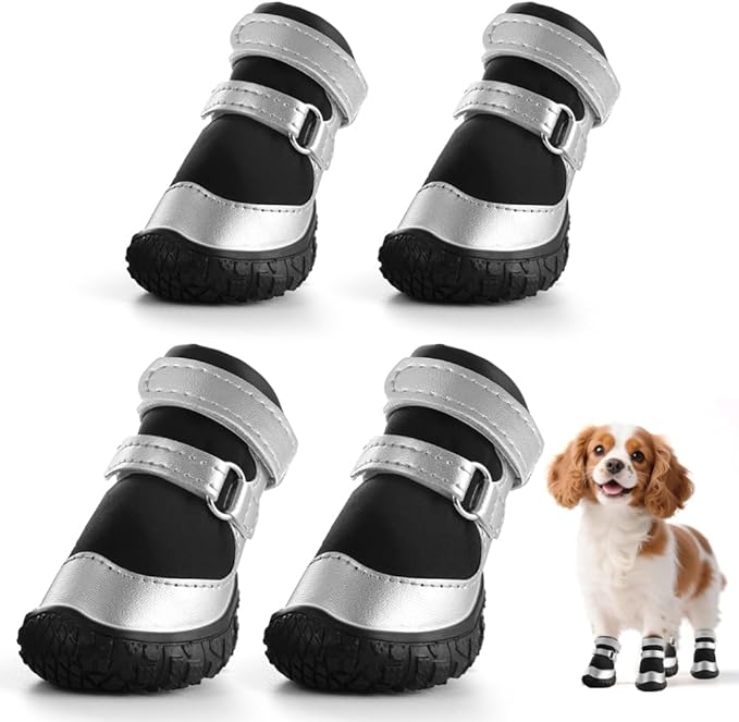 Dog Shoes for Small Dogs, Breathable Dog Boots Paw Protector for Hot Pavement Winter Snow, Dog Booties with Reflective Strips Rugged Anti-Slip Sole for Hardwood Floors Outdoor Silver Black Size 2