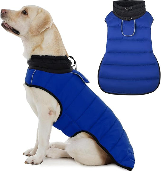 IDOMIK Dog Winter Coat, Warm Waterproof Dog Puffer Jacket with Harness Hole, Adjustable Reflective Snow Jacket Vest with Turtleneck, Pet Cold Weather Coats for Large Dogs,Blue,2XL