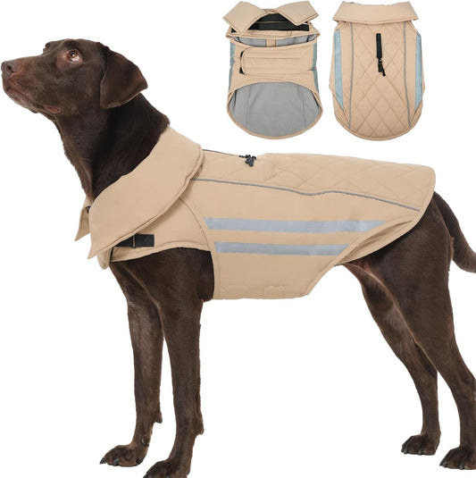 Dog Jacket for Large Dogs Winter Coat with Harness Hole Waterproof Reflective Turtleneck Snowsuit Adjustable Hook & Loop Cold Weather Coats for Dogs Border Collie Pitbull, Khaki 2XL