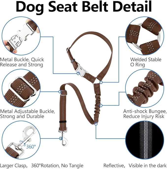 Plutus Pet Dog Seat Belt for Car Headrest, Reflective and Adjustable Restraint with Elastic Bungee for Safety, Vehicle Seatbelt Harness for Small Medium Large Dogs and Cats, Chocolate