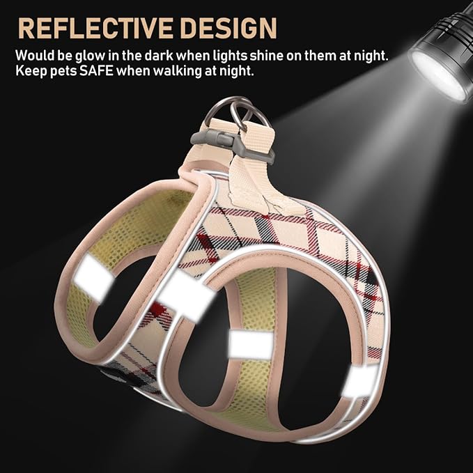 GAMUDA Small Dog Harness Collar and Leash Set, Step in No Chock No Pull Soft Mesh Adjustable Dog Vest Harnesses Plaid Reflective for Dogs Puppy Cats Kitten Rabbit (Beige, S)