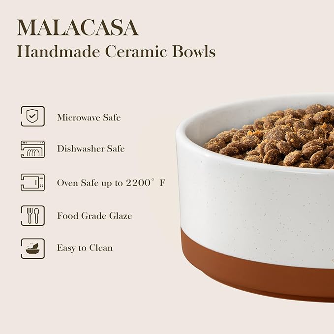 MALACASA Ceramic Dog Bowls, Dog Water/Food Dish with Wood Stand Non-Slip,14oz, Pet Basic Bowls for Your Puppy, Small Dogs or Cats,Glaze Matte Weighted Non-Slip (S-1.5 Cups)