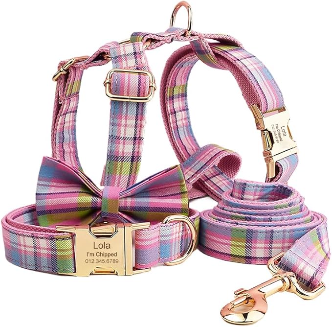 Custom Dog Collar with Names and Phone Number Engraved, Puppy Tags Personalized for Small Medium Large Pets (Colorful Plaid, S)