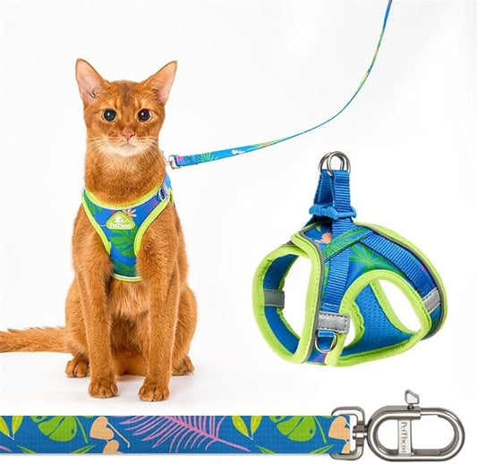 Cat Harness and Leash Set, Step-in Escape Proof Adjustable Vest Harness for Small Medium Large Cats, Lightweight Soft Breathable Reflective Kitten Harness for Walking Travel, Camping(Hawaii Green, XS)