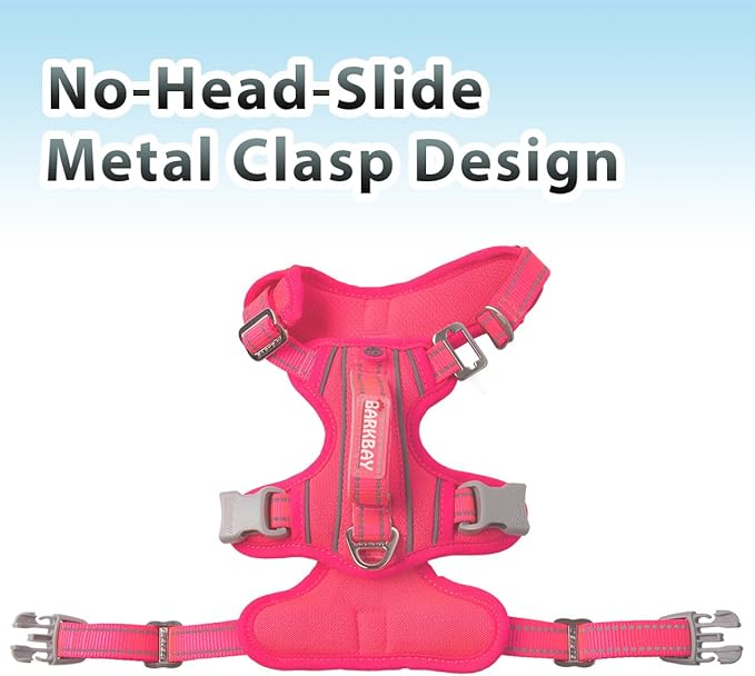 BARKBAY No Pull Dog Harness 3 Buckles Large Reflective Dog Harness with Front Clip and Easy Control Handle for Walking Training Running with ID tag Pocket(Pink,XL)