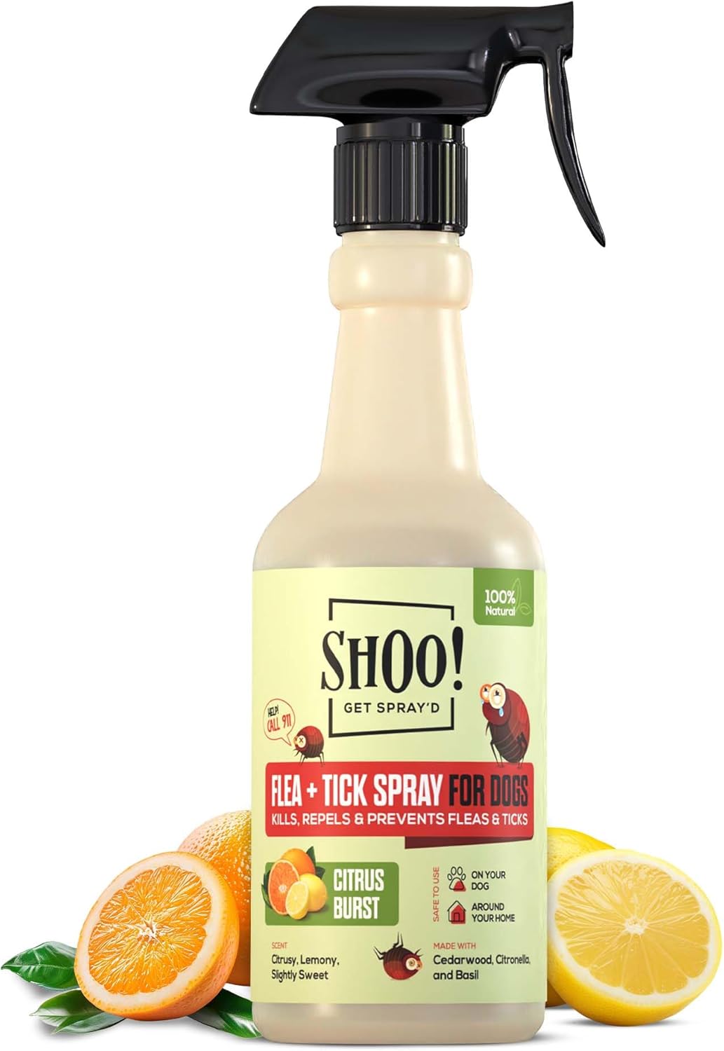 Shoo! Flea & Tick Spray for Dogs and Home | Plant Based, Natural Oils, Chemical Free Formula | Kills, Repels, Prevents | 16 oz (Citrus Burst)