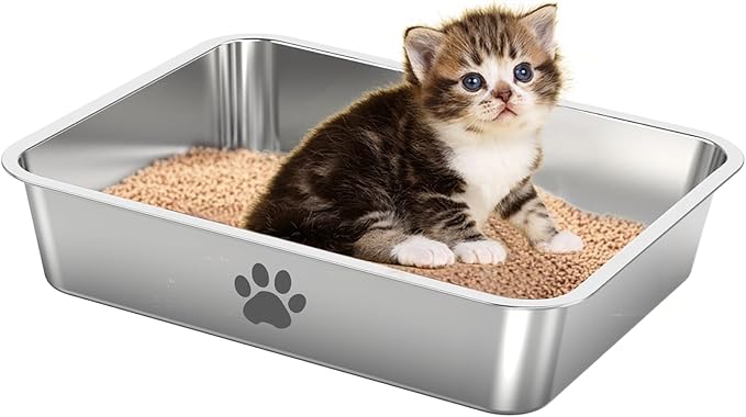 Stainless Steel Cat Litter Box,Metal Kitten Litter Pan, 4" Height Litter Box for Small Animals Cats Kitty,Rabbits Toilet Indoor Litter Tray, Easy Clean, Non Stick, No Smell