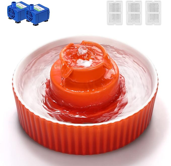 Ceramic Cat Water Fountain, 2.1L/71oz Pet Fountain for Dog and Cat, 3 Carbon Filters and 2 Water Pumps (Orange)
